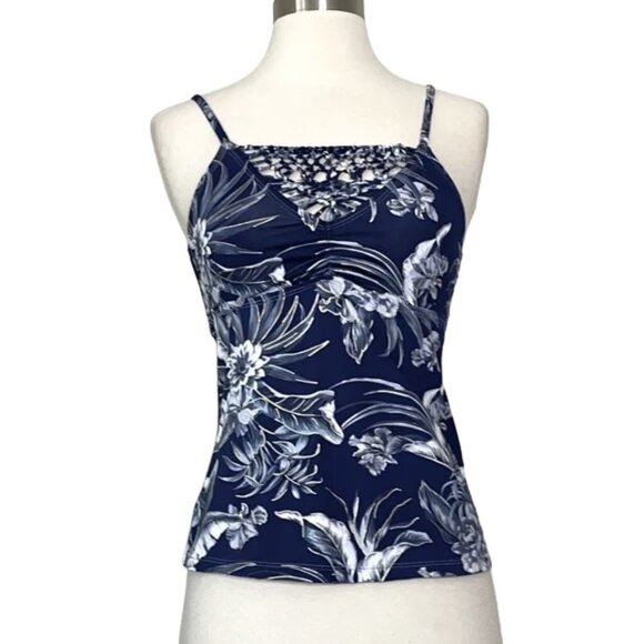 NWT Ambrielle Blue Gold Floral Braided Knotted Bikini Tankini Top Sz. S - Picture 1 of 3